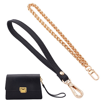 WADORN 2Pcs 2 Style Wristlet Bag Straps, Cowhide & Iron Wheat Chain Clutch Bag Straps Sets, with Stainless Steel Swivel Clasp, Golden, 205~210mm, 1pc/style