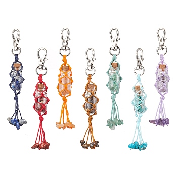 Glass Wishing Bottle inside Chakra Gemstone Chip Pouch Pendant Decorations, Braided Nylon Thread Tassel Hanging Ornaments, 107mm, 7pcs/set