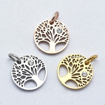 316 Surgical Stainless Steel Pendants, with Cubic Zirconia, Flat Round with Tree, Clear, Mixed Color, 12x1.5mm, Hole: 3mm