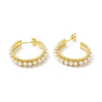 ABS Pearl Beaded Ring Stud Earrings, Brass Half Hoop Earrings for Women, Light Gold, 31x29x6mm, Pin: 0.7mm