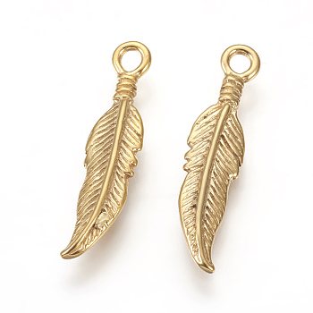 304 Stainless Steel Pendants, Ion Plating (IP), Feather, Golden, 25.5x6x2.5mm, Hole: 2mm