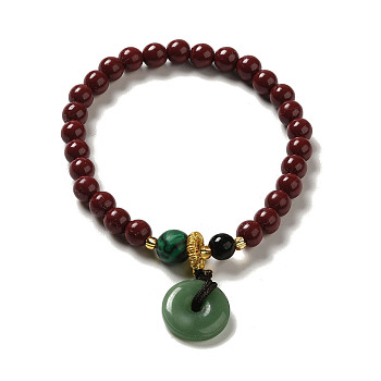 Cinnabar Mala Bead Bracelets, with Synthetic Malachite Beads and Natural Agate and Copper Wire and Imitation Jade Glass, Buddhist Jewelry, Stretch Bracelets, Coconut Brown, Inner Diameter: 4.95cm
