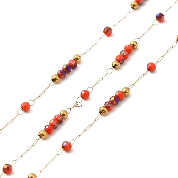 Brass Handmade Beaded Chains, with Glass Beads, with Spool, Unwelded, Real 18K Gold Plated, Orange Red, 9~9.5x2x2mm, about 32.81 Feet(10m)/Roll