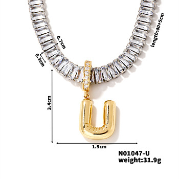 Golden Tone Brass Pave Clear Cubic Zirconia Letter Pendant Necklaces for Women, 15.75 inch(400mm)