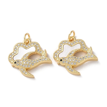 Brass Micro Pave Clear Cubic Zirconia Pendants, with Shell and Jump Ring, Real 18K Gold Plated, Bird, 18.5x20x4mm, Hole: 3mm