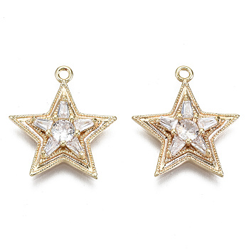 Brass Micro Pave Clear Cubic Zirconia Pendants, Nickel Free, Star, Real 18K Gold Plated, 17.5x16x3.5mm, Hole: 1.2mm