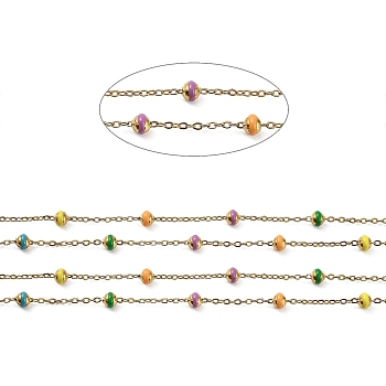 Stainless Steel Satellite Chains, with Enamel Beads and Spool, Soldered, Long-Lasting Plated, Flat Round, Golden, Colorful, 1.5x1.2x0.3mm, about 32.8 Feet(10m)/roll