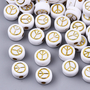 Opaque Acrylic Beads, Flat Round with Peace Sign, Golden Plated, White, 7x4mm, Hole: 1.6mm