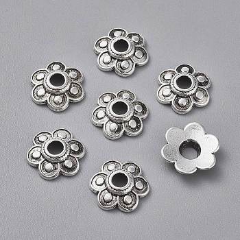 Tibetan Style Alloy Bead Caps, Lead Free, Cadmium Free and Nickel Free, Flower, Antique Silver, about 15mm in diameter, 3mm thick, hole: 4mm