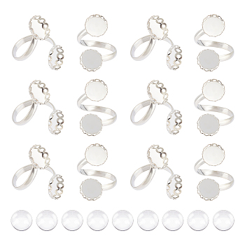 DIY Blank Dome Ring Making Kit, Including Flat Round Brass Open Cuff Ring Settings, Glass Cabochons, Platinum, 36Pcs/box