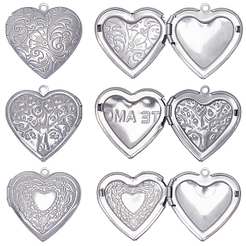 12Pcs 3 Styles 316 Stainless Steel Locket Pendants, Photo Frame Charms for Necklaces, Heart, Stainless Steel Color, 29x28.5~29x7mm, Hole: 2mm, Inner Diameter: 16.5~20x21~21.5mm, 4pcs/style