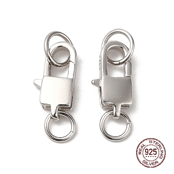 Rhodium Plated 925 Sterling Silver Lobster Claw Clasps with Jump Rings, Square with 925 Stamp, Platinum, 13x6.5x2.8mm