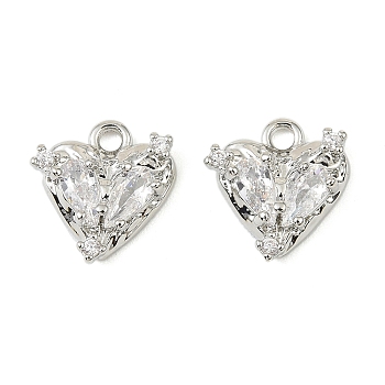 Brass Micro Pave Cubic Zirconia Charms, Cadmium Free & Nickel Free & Lead Free, Heart, Platinum, 10.5x10x3.5mm, Hole: 1.4mm