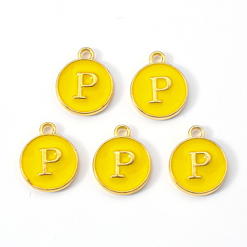 Golden Plated Alloy Enamel Charms, Enamelled Sequins, Flat Round with Letter, Gold, Letter.P, 14x12x2mm, Hole: 1.5mm