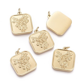 Valentine's Day Ion Plating(IP) 304 Stainless Steel Pendants, with Jump Rings, Square with Rose, Golden, 20x17.5x2mm, Hole: 3.5mm