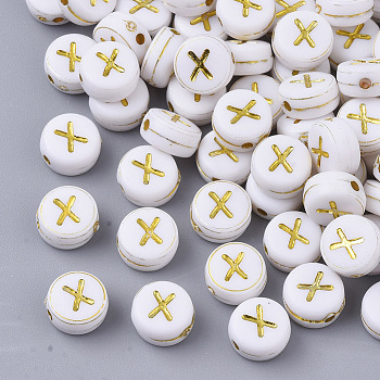Plating Acrylic Beads, Golden Metal Enlaced, Horizontal Hole, Flat Round with Alphabet, White, Letter.X, 7x3.5mm, Hole: 1.2mm, about 3600pcs/500g