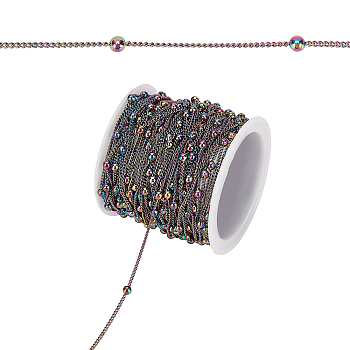 SUNNYCLUE Brass Curb Chains, with Round Beads, with Spool, Soldered, Rainbow Color, 2.5x2x0.3mm, about 10yards/roll