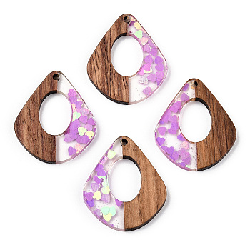 Transparent Resin & Walnut Wood Pendants, Kite Charms with Heart Paillettes, Waxed, Violet, 32.5x27.5x3.5mm, Hole: 2mm