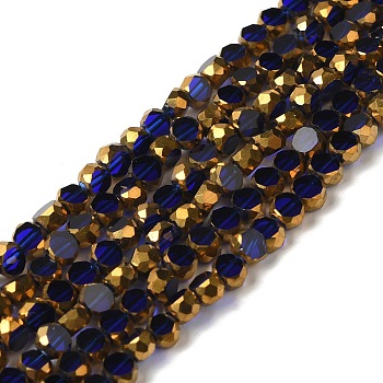 Electroplate Glass Beads Strands, Transparent Color, Half Golden Plated, Faceted, Flat Round, Blue, 4~4.5x3mm, Hole: 1mm, about 74~75pcs/strand, 10.39''~10.75''(26.4~27.3cm)