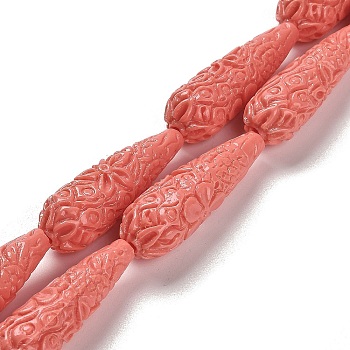 Synthetic Coral Carved Beads Strands, Dyed, Teardrop, Indian Red, 34x10.5mm, Hole: 1.2mm, about 11pcs/strand, 14.65''(37.2cm)