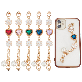 WADORN 5 Sets 5 Colors Retro Love Heart Jewelry Phone Case Chain Strap, with Iron Screw Nuts and Screws, Anti-Slip Phone Finger Strap, Phone Grip Holder for DIY Phone Case Decoration, Mixed Color, 15.8x0.9cm, 1 set/color