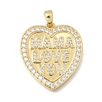 Mother's Day Brass Micro Pave Clear Cubic Zirconia Pendants, Heart with Word MAMA LOVE YOU Charms, Cadmium Free & Lead Free, Rack Plating, Long-Lasting Plated, Real 18K Gold Plated, 31.5x28x3mm, Hole: 6x4mm(KK-C255-36G)