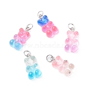Gradient Color Transparent Resin Pendants, with Glitter Powder and Stainless Steel Color Tone 304 Stainless Steel Jump Rings, Bear Charm, Mixed Color, 21x11x6.5mm, Jump Ring: 6x0.8mm, Inner Diameter: 4.5mm(PALLOY-JF01888)