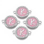 Alloy Enamel Links Connectors, with Crystal Rhinestones, Flat Round with Letter, Silver Color Plated, Letter.K, 22x16x2mm, Hole: 1.8mm(ENAM-TAC0003-01S-03K)