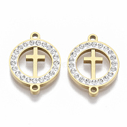 201 Stainless Steel Links connectors, with Polymer Clay Crystal Rhinestone, for Religion, Flat Round with Cross, Golden, 20x15x2.5mm, Hole: 1.6mm(X-STAS-N091-02G)