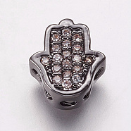 Brass Cubic Zirconia Beads, Hamsa Hand/Hand of Fatima/Hand of Miriam, Clear, Gunmetal, 9.5x8.5x4mm, Hole: 2mm(KK-P134-05B)