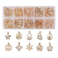 100Pcs 10 Styles Rack Plating Eco-Friendly Iron Charms, with Crystal Rhinestone, Flower & Heart & Rhombus & Star & Teardrop Charms, Light Gold, 13~20.5x9.5~13x4.5~7.5mm, Hole: 1.2~1.6mm, 10Pcs/style(IFIN-YW0001-87)