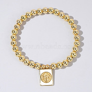 Personality Brass Round Bead Beaded Stretch Bracelets, with Rectangle Brass Enamel Charms for Women, Human, 6-7/8 inch(17.5cm)(ST0339-3)