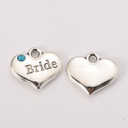 Wedding Theme Antique Silver Tone Tibetan Style Heart with Bride Rhinestone Charms, Aquamarine, 14x16x3mm, Hole: 2mm(X-TIBEP-N005-12A)