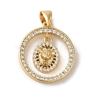 Brass Micro Pave Clear Cubic Zirconia Pendants, Ring with Lion Charms, Real 18K Gold Plated, 20x18x4mm, Hole: 5x3.7mm(KK-R162-085G)