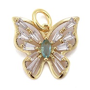Brass Micro Pave Cubic Zirconia Pendants, Long-Lasting Plated, Real 18K Gold Plated, Butterfly, Light Sea Green, 15x16x3mm, Hole: 4mm(KK-P192-05-G01)