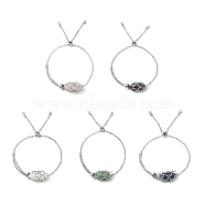 Natural Mixed Gemstone Bullet Link Slider Bracelets, with 304 Stainless Steel Macrame Pouch Chains, 10-1/4 inch(26cm)(BJEW-JB09901)