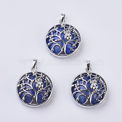 Natural Lapis Lazuli Pendants, with Brass Findings, Flat Round with Tree of Life, Platinum, 31~32x27x8~9mm, Hole: 5x7mm(G-K234-E06)