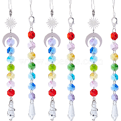 6Pcs 2 Style Electroplate Octagon Glass Beaded Pendant Decorations, Suncatchers, Rainbow Maker, with 304 Stainless Steel Split Rings, Clear Faceted Glass Pendants, Cone/Moon/Sun, Mixed Color, 190~205mm, 3pcs/style(HJEW-SC0001-32)