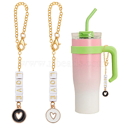 Flat Round with Hollow Heart Alloy Enamel Cup Pendant Decorations, with Plating Alphabet Acrylic Beads and Brass Cable Chain, Word Love, Mixed Color, 151mm, 2 colors, 6pcs/color, 12pcs/set(HJEW-AB00482)