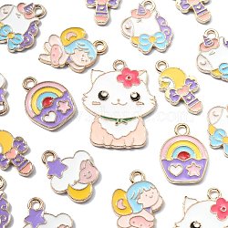 60Pcs 6 Styles Alloy Enamel Pendants, Light Gold, Moon Cross/Cat/Unicorn/Rainbow Cake/Cloud/Girl Charm, Lead Free & Cadmium Free, Mixed Color, 18~27.5x11~21.5x1.5mm, Hole: 1.8mm, 10pcs/style(ENAM-CJ0004-90)