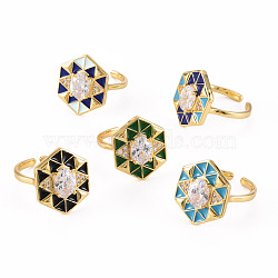 Brass Micro Pave Clear Cubic Zirconia Cuff Rings, Open Rings, with Enamel, Cadmium Free & Nickel Free & Lead Free, Hexagon, Real 16K Gold Plated, Mixed Color, US Size 6, Inner Diameter: 17mm(RJEW-S045-084-NR)