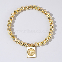 Personality Brass Round Bead Beaded Stretch Bracelets, with Rectangle Brass Enamel Charms for Women, Human, 6-7/8 inch(17.5cm)(ST0339-3)