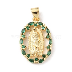 Brass Micro Pave Cubic Zirconia Pendants, Long-Lasting Plated, Real 18K Gold Plated, Cadmium Free & Lead Free, Oval with Saint Benedict, Green, 21x14x3mm, Hole: 4x3mm(KK-P233-05G-01)