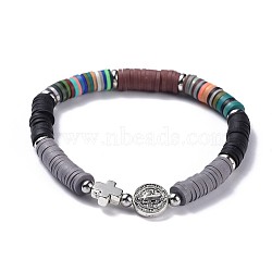 Polymer Clay Heishi Beads Beads Stretch Bracelets, with Tibetan Style Alloy Beads, Brass Spacer Beads and 304 Stainless Steel Smooth Round Spacer Beads, Gray, 2-1/4 inch(5.6cm), 6mm(BJEW-JB04447-01)