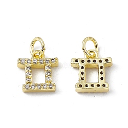 Real 18K Gold Plated Brass Micro Pave Clear Cubic Zirconia Charms, with Jump Ring, Constellation Charm, Gemini, 10x9.5x2.5mm, Hole: 3.4mm(KK-E068-VB411-3)