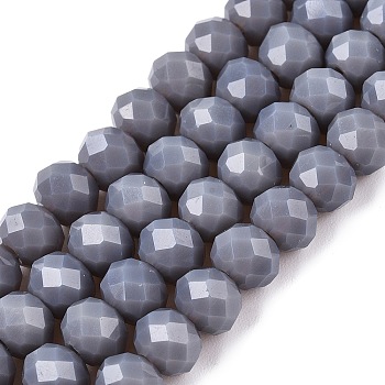 Opaque Solid Color Imitation Jade Glass Beads Strands, Faceted, Rondelle, Dark Gray, 6x5mm, Hole: 1mm, about 84~85pcs/strand, 41.5~42cm