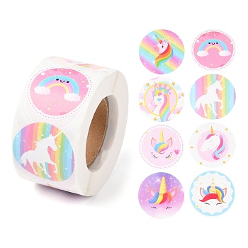8 Styles Unicorn Paper Stickers, Self Adhesive Roll Sticker Labels, for Envelopes, Bubble Mailers and Bags, Flat Round, Horse Pattern, 2.5cm, about 500pcs/rollm