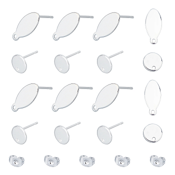 304 Stainless Steel Stud Earring Findings, Flat Plate and Ear Nuts, Oval & Flat Round, Silver, Stud Earring Findings: 40pcs/box, Ear Nuts: 40pcs