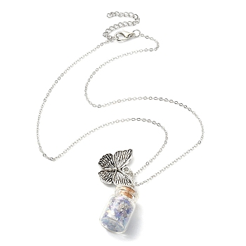 Butterfly Alloy Pendant Necklace, Glass Chips Wish Bottle Necklace, Antique Silver, 17.91 inch(45.5cm)