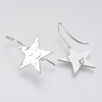 Brass Stud Earring Findings, with Loop, Star, Nickel Free, Real Platinum Plated, 31.5x20mm, Hole: 2mm, Pin: 1mm